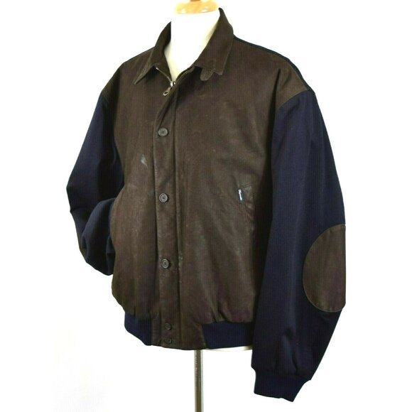 FACONNABLE Brown & Navy Blue Leather & Wool Full Zip Bomber Jacket Men's Size XL - Picture 3 of 12